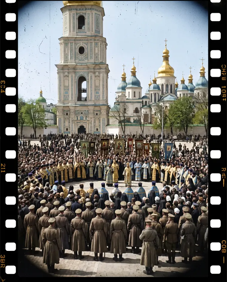 Квітень: реконструкція за фотографіями. Молебень на Софійській площі, проголошено гетьмана